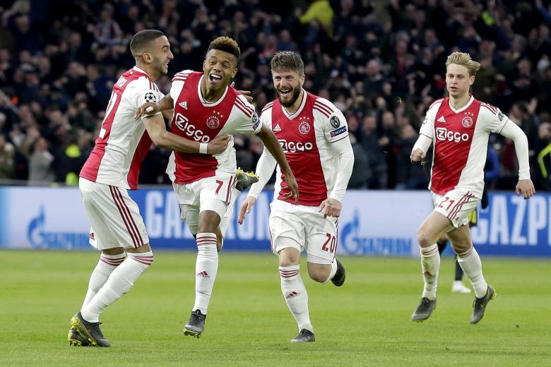 David Neres fête son but lors lors de la rencontre Ajax-Juventus en 1/4 de finale de Ligue des champions 