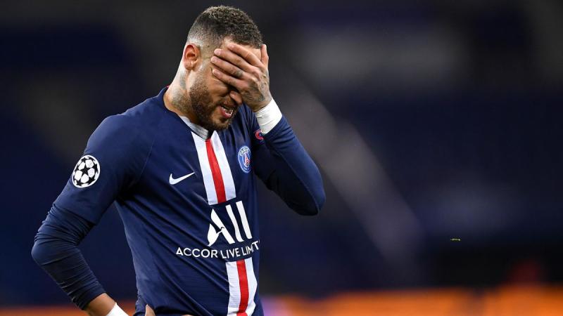 Neymar Jr of Paris Saint-Germain reacts during the UEFA Champions League round of 16 second leg match between Paris Saint-Germain and Borussia Dortmund at Parc des Princes on March 11, 2020 in Paris, France